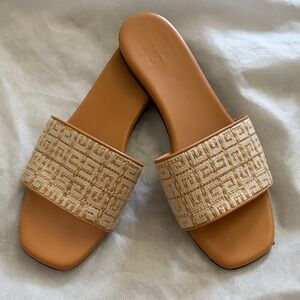 Givenchy Tan Leather Slide Sandals with Beige Woven Monogram Strap
